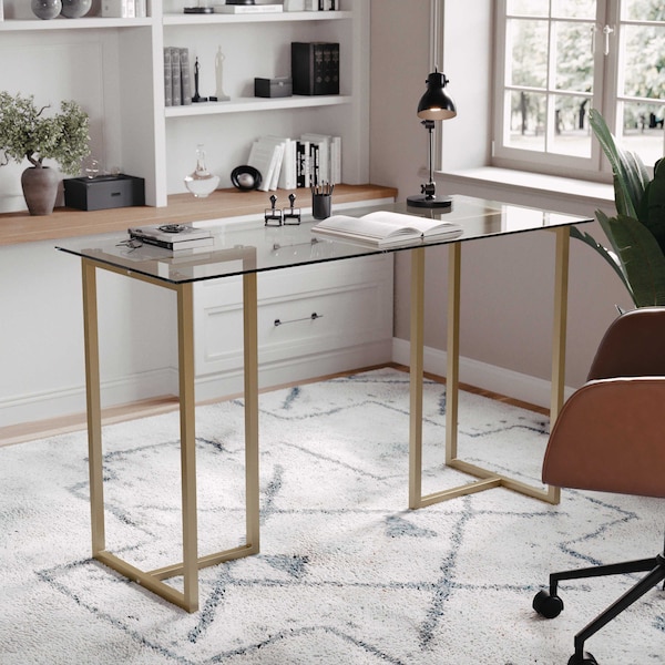 Martha Stewart 23.5 in. D X 47.25 in. W X Glass, Steel, Clear Top/Polished Brass Frame XU-DK-1-GLD-MS - main